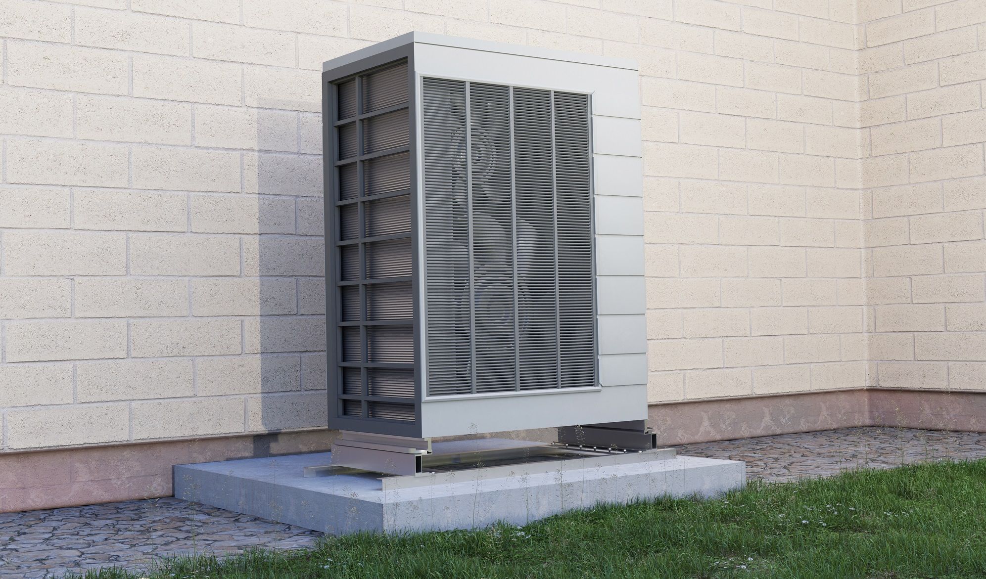 close up heat pump outside home