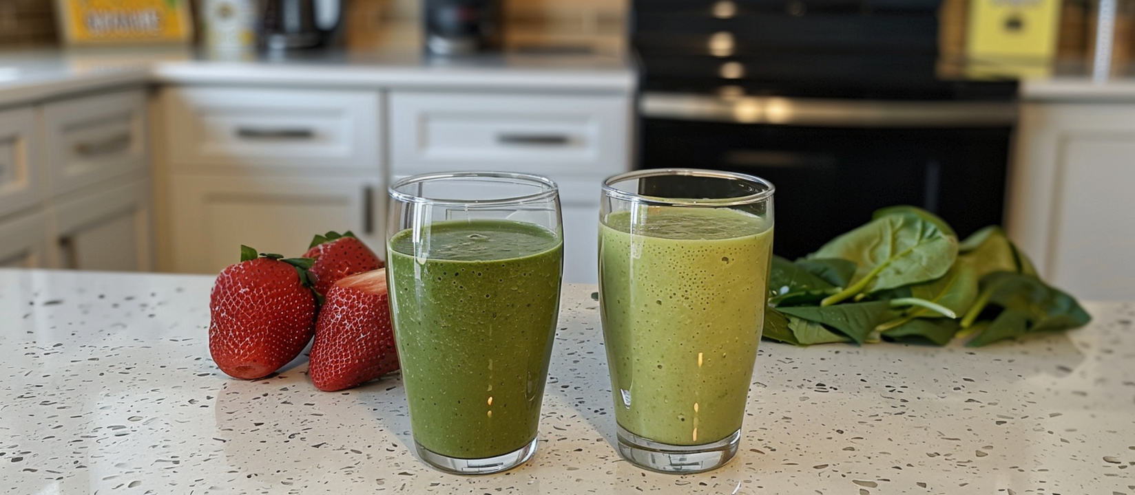 2 meal replacement smoothies on kitchen counter top