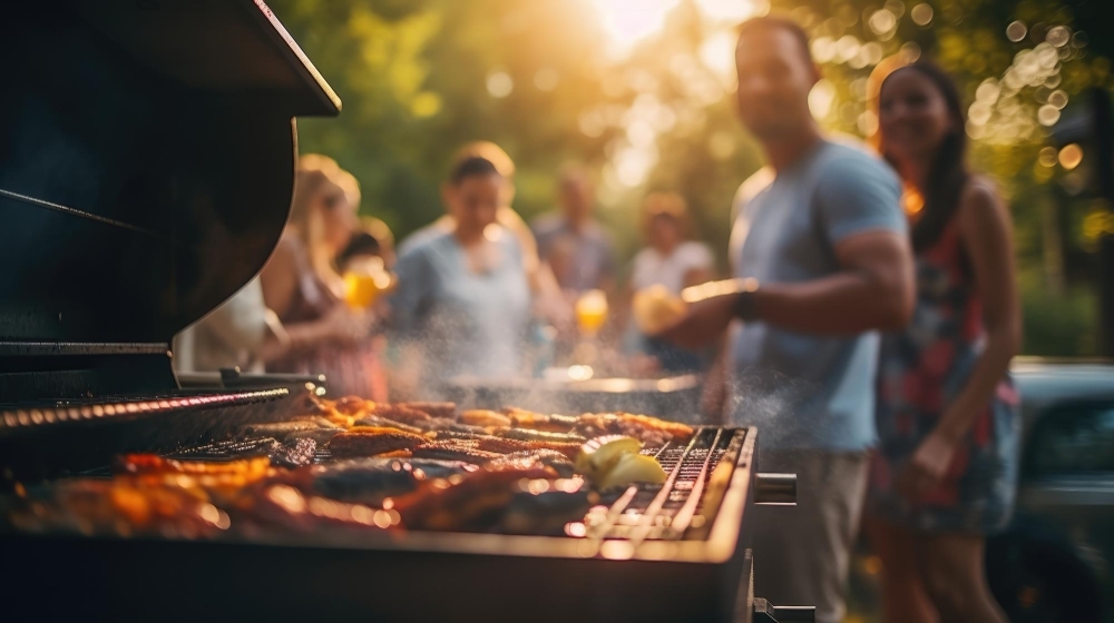A group of people at a barbecue at sunset Summer vacation Grilled vegetables Dinner on the grill Tasty juicy meat cooked on the grill Holiday