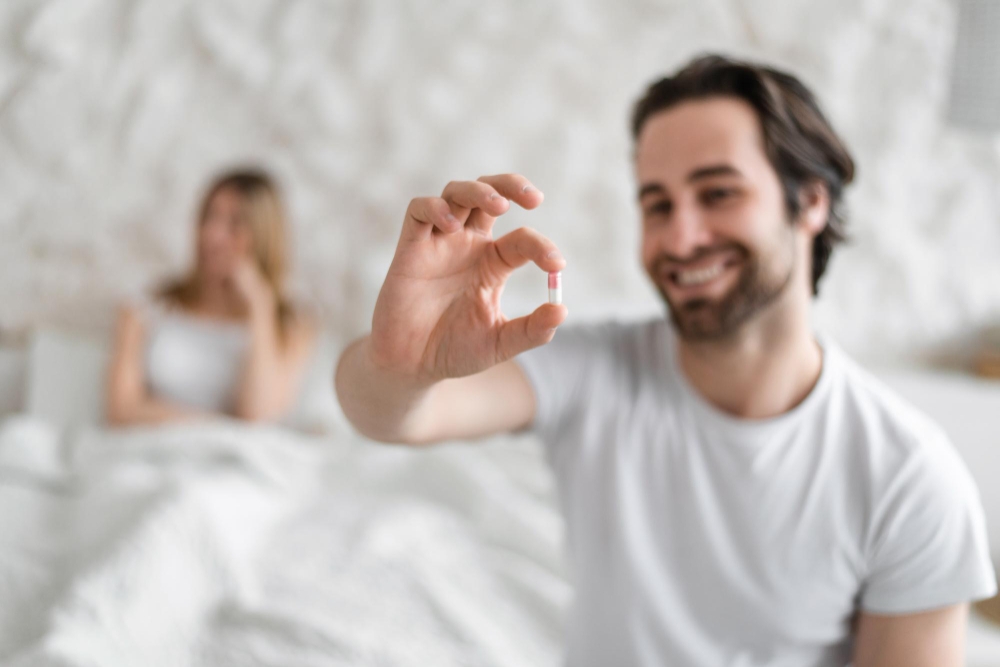 Cheerful young guy holding pill for erectile dysfunction smiling wife sitting in bed on background
