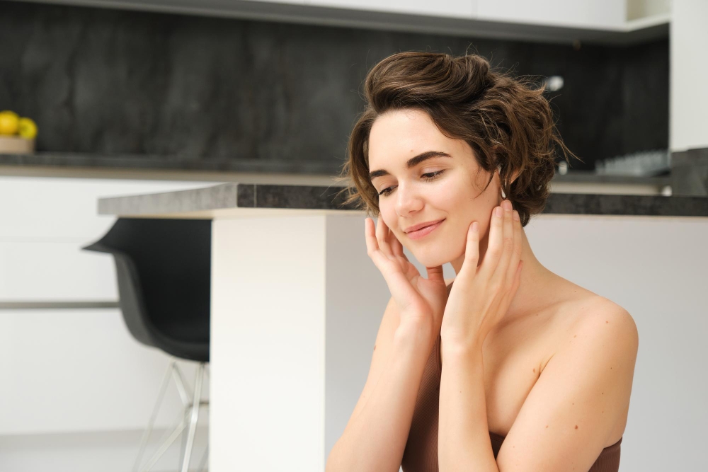 Close up of young smiling brunette woman fitness girl in kitchen looks aside touches her face listen