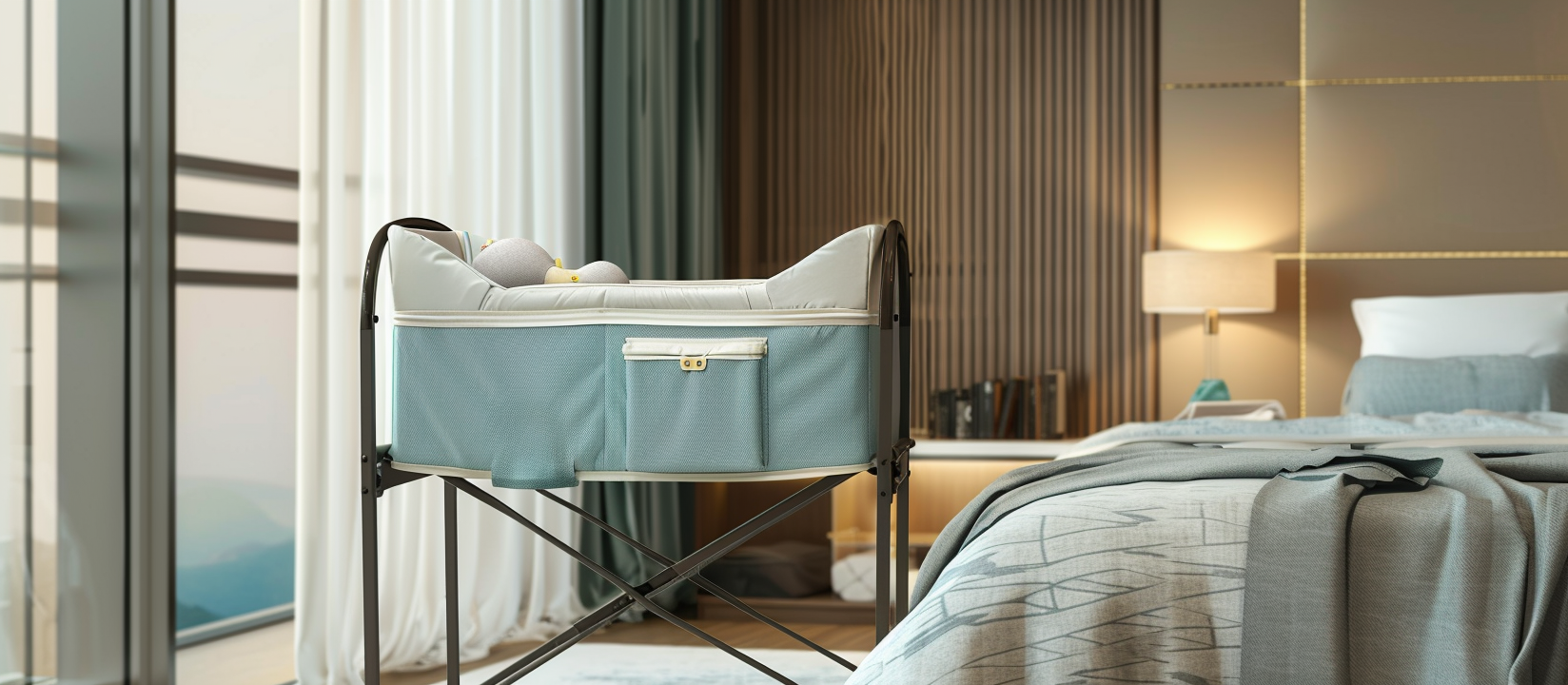 Image of foldable crib for traveling standing in hotel room