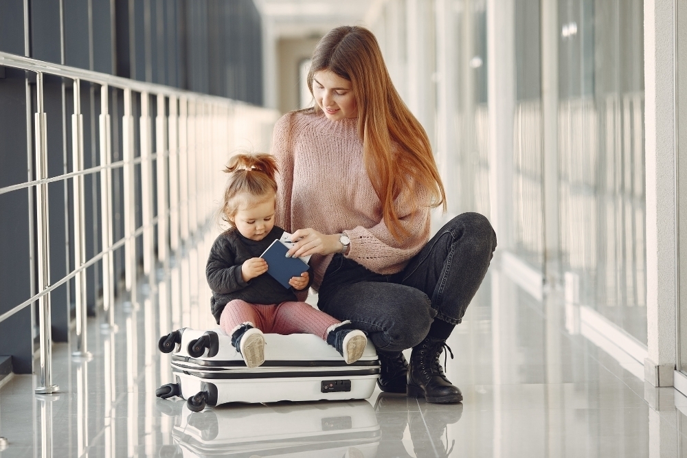 Mother with daughter at the airport