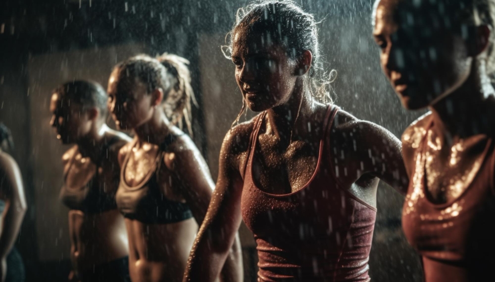 Muscular women wet gym water propellant
