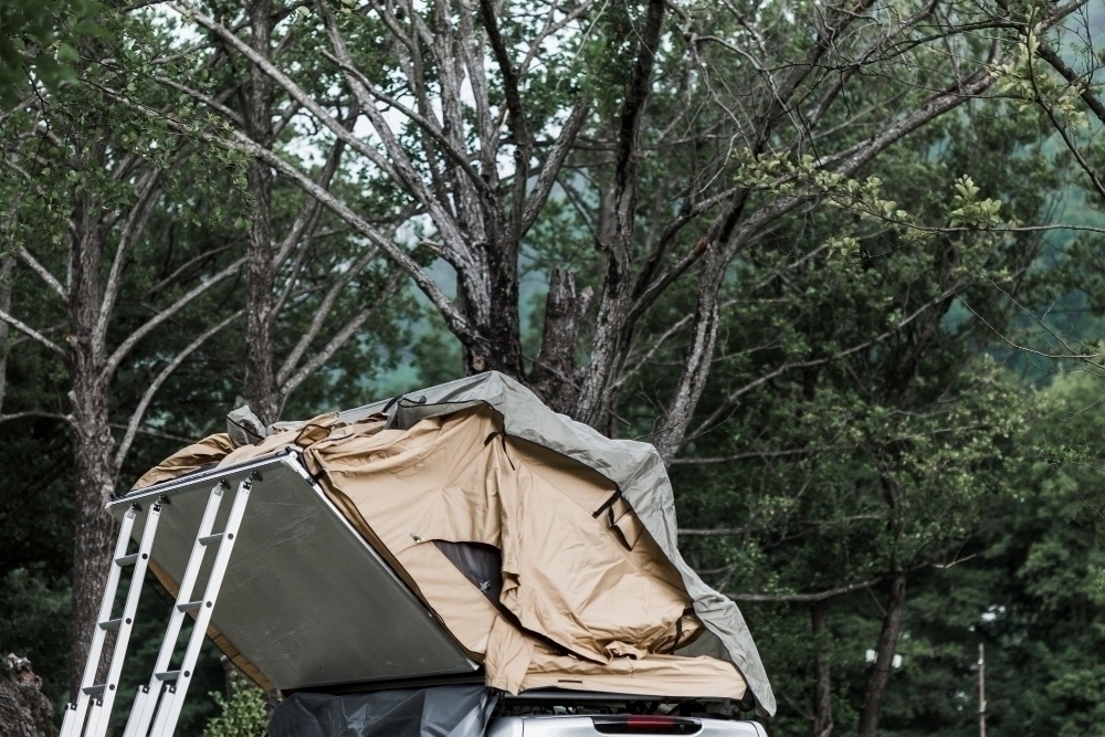 Tent over the camper van hood in the forest
