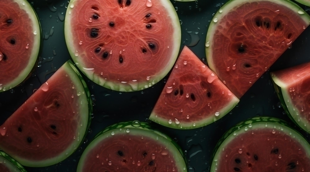 Top view of citrulline rich watermelon slices on a black background with water droplets