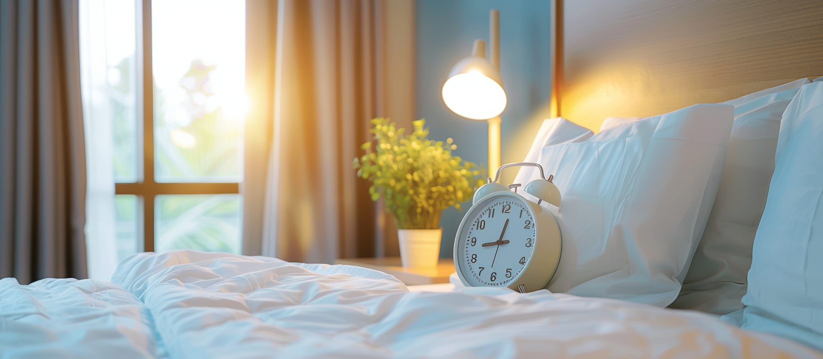 alarm clock standing on night table next to bed