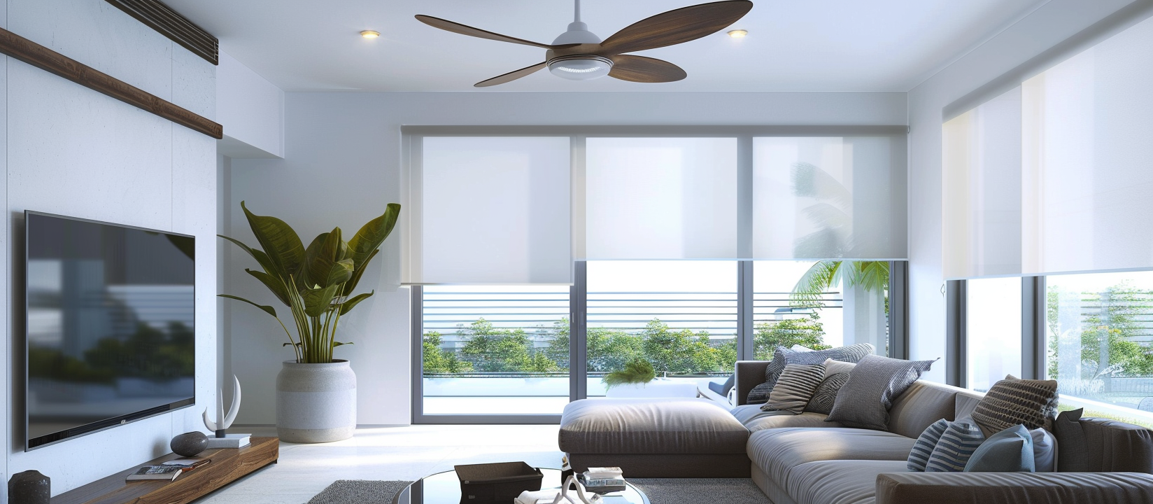 ceiling fan in modern relaxing living room with darker furniture