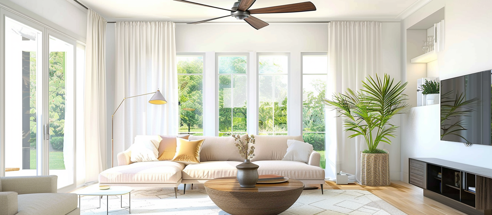 ceiling fan in modern relaxing living room