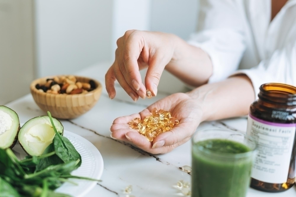 doctor holding vegan omega 3 capsules with nuts and greens2