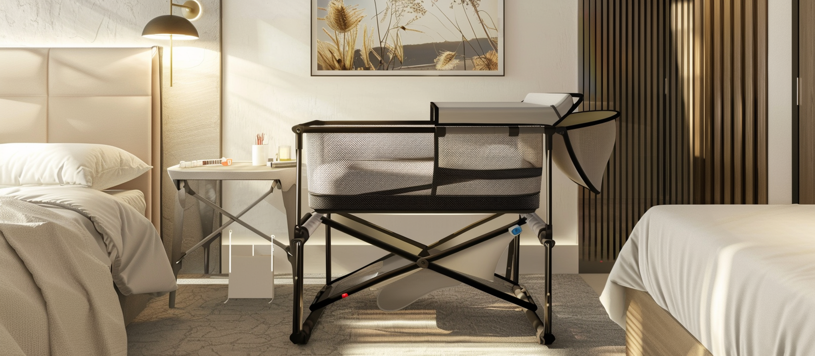 foldable crib for traveling standing in hotel room