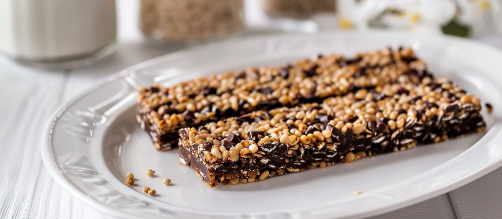 healthy protein bar on white plate in kitchen