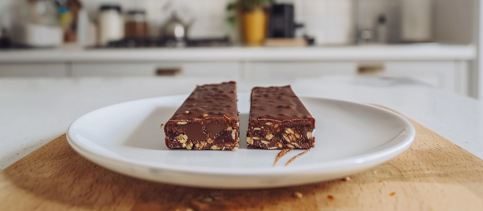 healthy protein bars on plate in kitchen