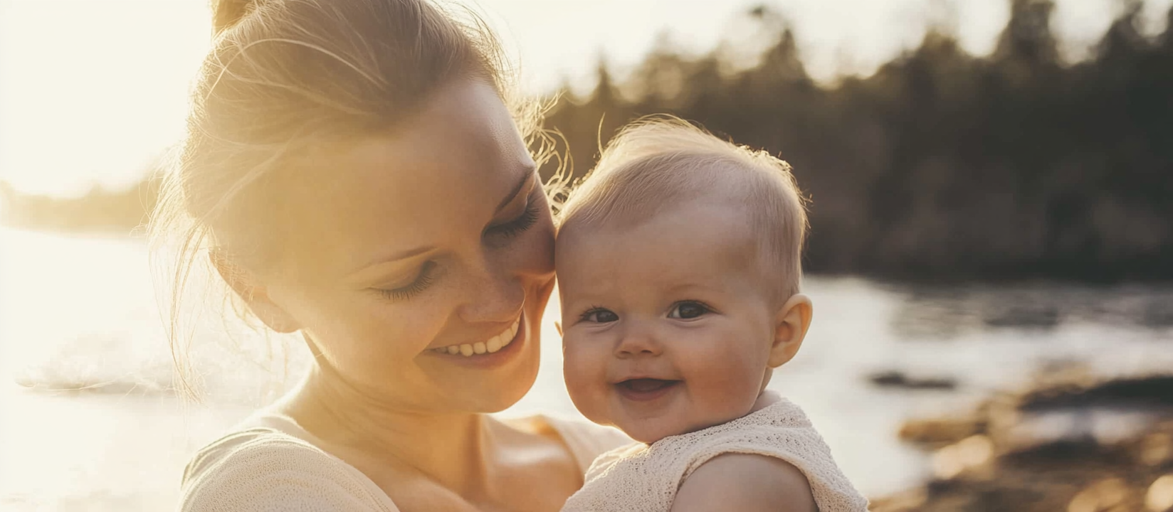 mamma och bebis vid sjon