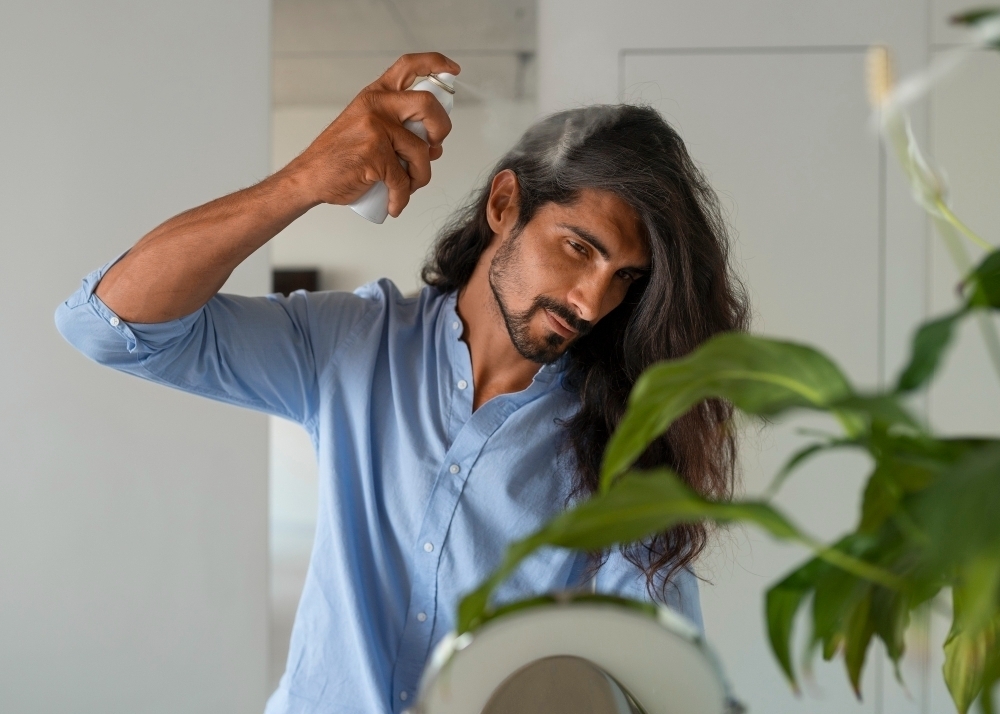 medium shot man using dry shampoo home