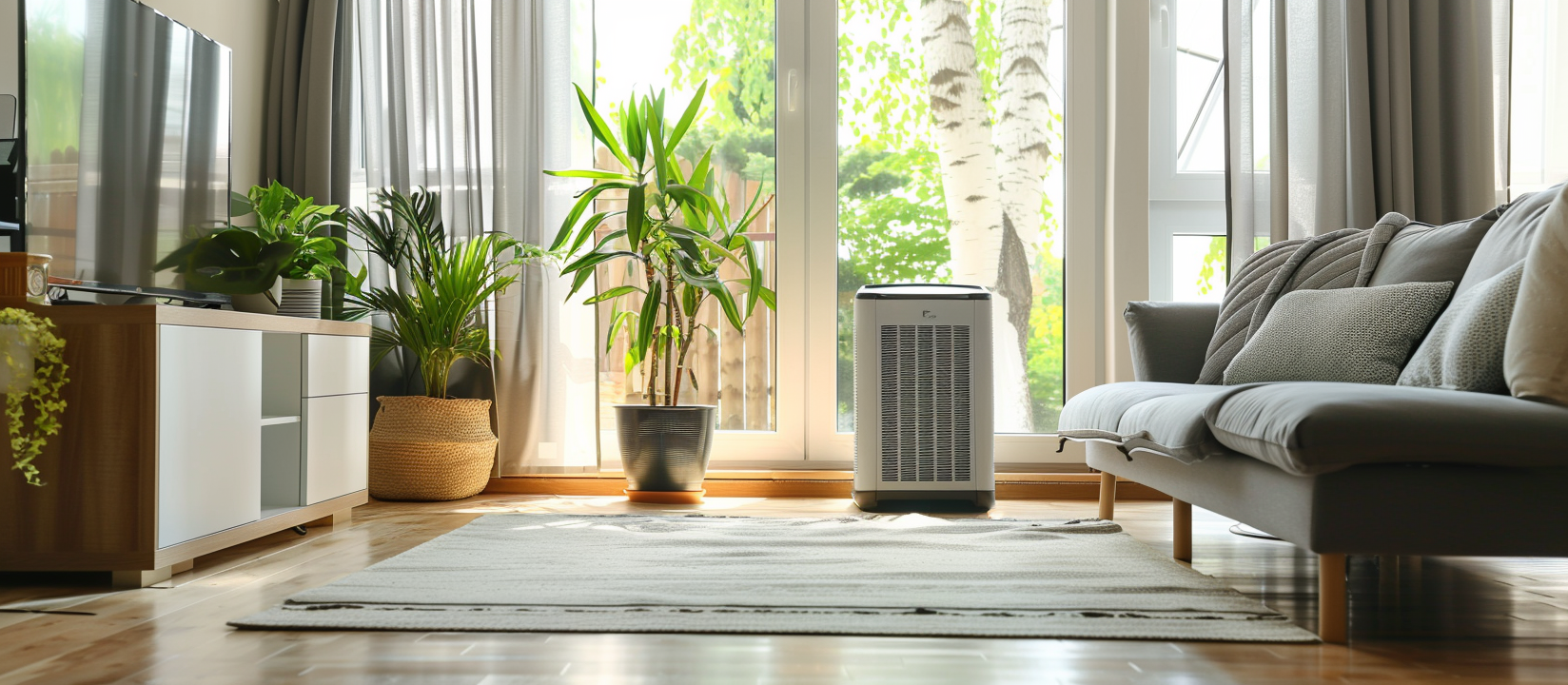portable air conditioning cooling down living room with dark furniture