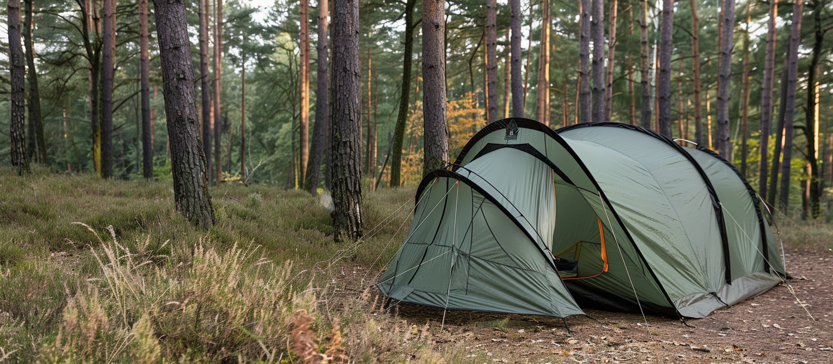 tunnel tent with spacious vestibule standing in forest